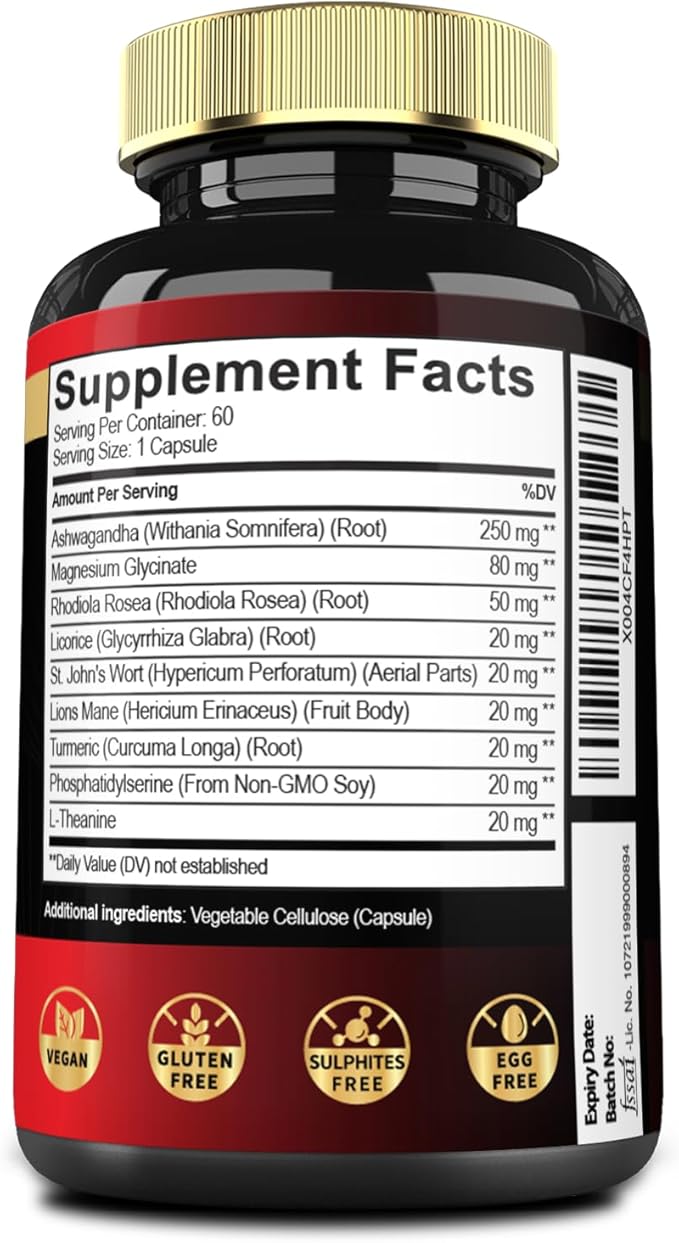9in1 Cortisol Shield - Ashwagandha & Magnesium Glycinate, Rhodiola, Phosphatidylserine, L-Theanine, Licorice Root, St. John's Wort, Lions Mane - Mind & Mood, Restful Night Support - 60 Capsules