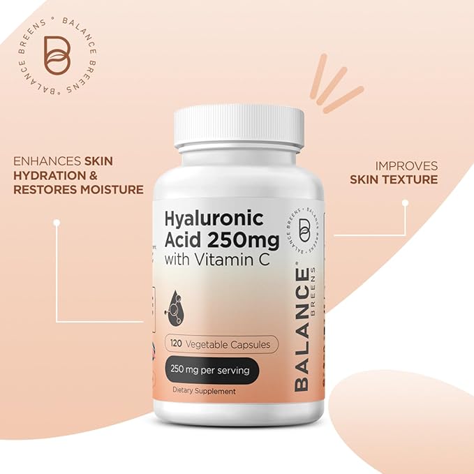 Pure Hyaluronic Acid Supplement 250mg with Vitamin C 50mg, 120 Vegan Capsules - Skin Hydration for Natural Glow, Hair, Nails, Bone & Joint Health Formula
