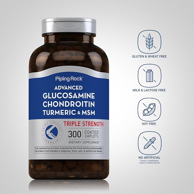 Piping Rock Glucosamine Chondroitin Turmeric MSM | 300 Caplets | Triple Strength | Advanced Supplement | Non-GMO & Gluten Free