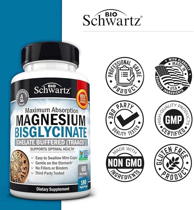 Magnesium Bisglycinate Chelated Supplement - High Absorption Magnesium Supplement for Muscle, Bone & Joint Support - Non-GMO, Non-Laxative, Fully Buffered for Maximum Bioavailability - 180 Capsules