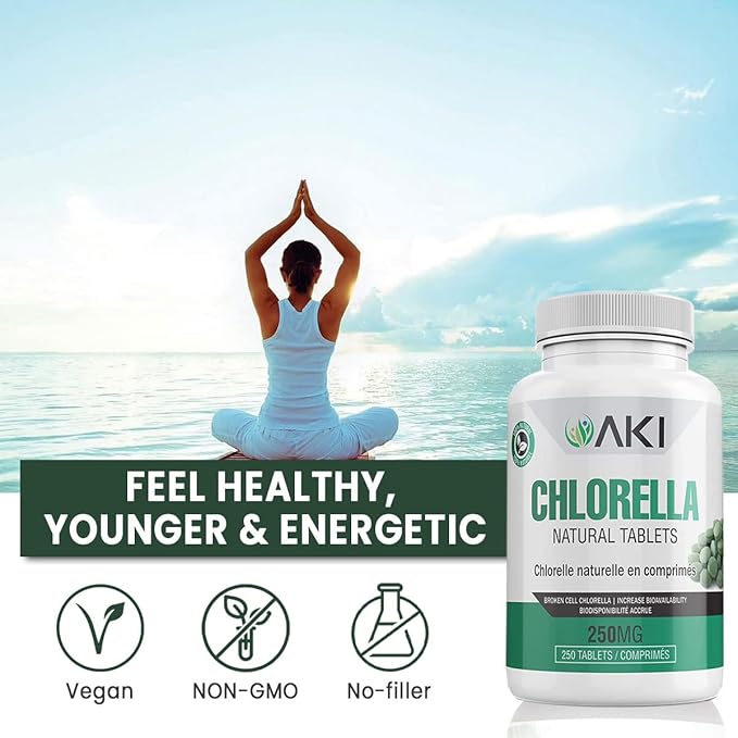 AKI Chlorella Superfood Supplement Tablets (250) - Green Superfood Fount of Vitamin B12, Iron & Protein - Ideal in GMO Free & Vegan Friendly