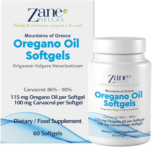 Zane Hellas Oregano Oil Softgels. Extra Strength. Every Softgel Contains 20% Greek Essential Oil of Oregano. 100 mg Carvacrol per Softgel. 60 Softgels.
