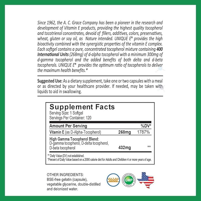 UNIQUE E A.C. Grace Company Mixed Tocopherols 120 Soft Gels, Supports Healthy Brain Function, General Health, and Aging Support, All-Natural Vitamin E and Kosher