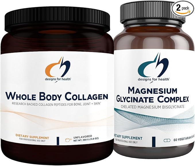 Designs for Health Magnesium Glycinate Complex (60 Capsules) & Whole Body Collagen (30 Servings) Bundle - High Absorption Magnesium with Premium Collagen Powder to Support Bones, Skin & Joints