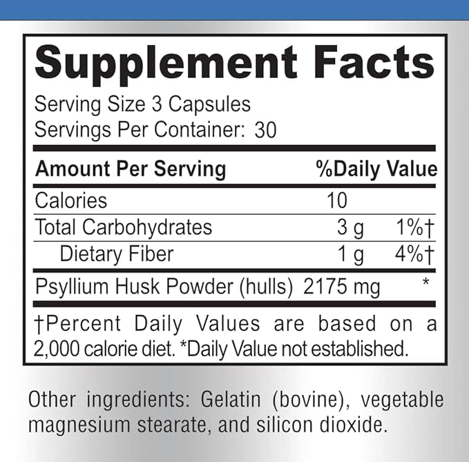 Psyllium Husk Dietary Fiber Supplement 2175mg, Non-GMO, 90 Capsules
