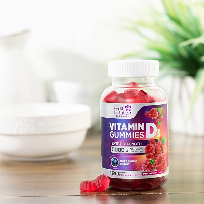 Vitamin D3 Gummies Extra Strength 5000 IU (125 mcg) - Immune Support, Bone, Teeth and Muscle Vitamin D Gummy Dietary Supplement, Nature's Berry Vitamin D Supplement, Raspberry, Non-GMO - 120 Gummies
