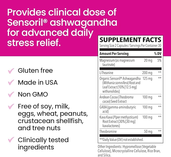 NeuroQ Calm Focus Capsules - Stress Relief Supplement - Supports Mental Function & Relaxation - Sensoril Ashwagandha, Magnesium, GABA, L-Theanine, Andean Cocoa & Kava Kava - 60 Capsules