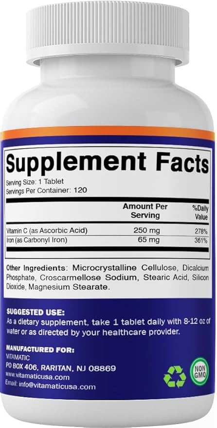 Vitamatic Carbonyl Iron 65 mg with Vitamin C – Gentle Iron Supplement for Energy & Immune Support – High Absorption – 120 Tablets