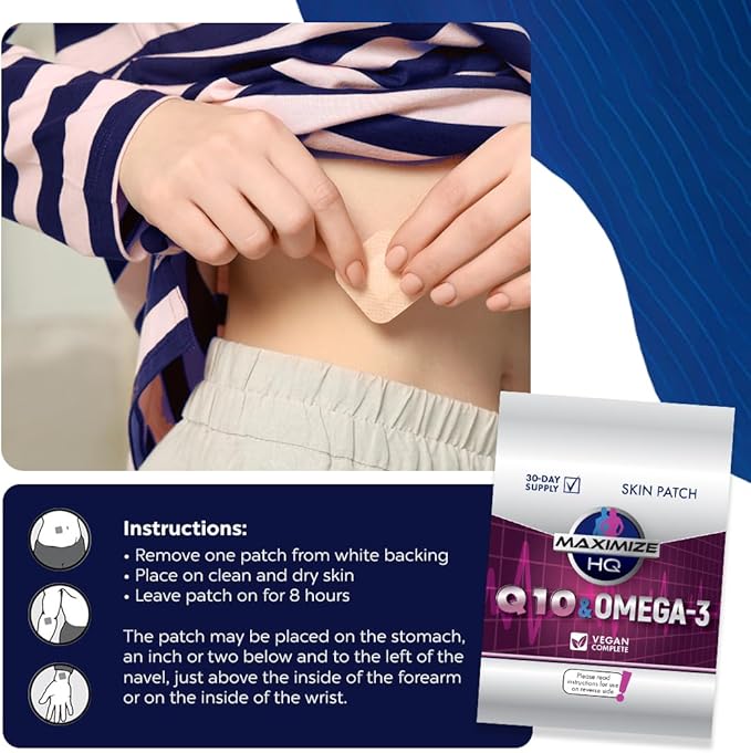 MAXIMIZE HQ Coenzyme Q10 & Omega-3 Patches - Fish Oil - 8 Hour Time-Release - Gluten Free