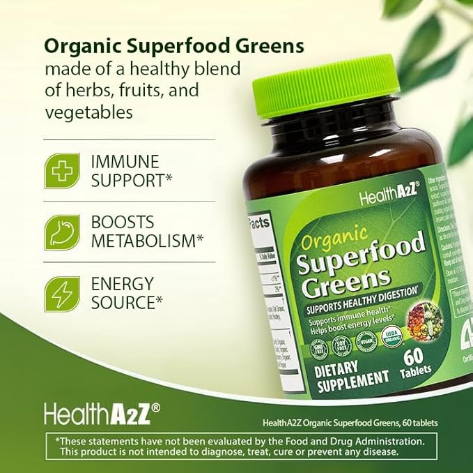 HealthA2Z® Organic Superfood Greens | 60 Tablets | Greens Blend 720mg | Fruits & Veggies Blend 580mg | Alfalfa, Broccoli, Spinach, Spirulina, Apple, Beet Root, Strawberry & Much More!