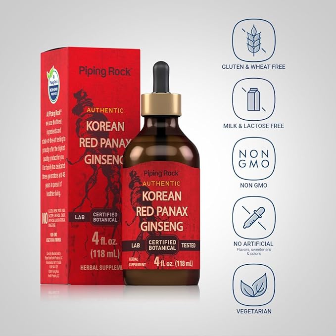 Piping Rock Korean Red Ginseng Liquid Extract | 4 Fl Oz | Panax Root Extract | Alcohol Free Tincture | Vegetarian, Non-GMO, Gluten Free Supplement