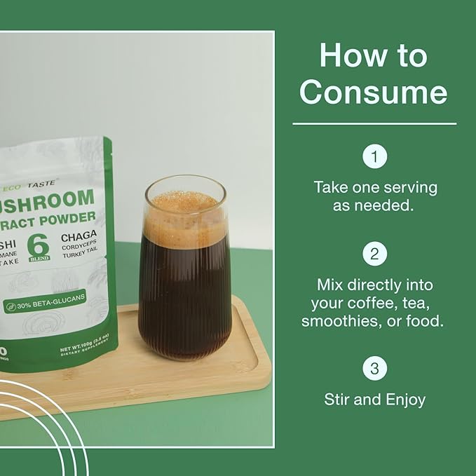 ECO-TASTE 6 Blend Mushroom Powder with 30% Beta-D-Glucan, Lions Mane, Reishi, Cordyceps, Chaga, Turkey Tail, Maitake, Fruiting Body Extract, 100 Grams