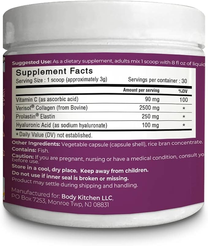 Body Kitchen Collagen and 250 mg Elastin Supplement to Aid Signs of Aging, Support Skin Health & Elasticity, Fewer Wrinkles, Unflavored Powder, Tasteless, Odorless, Colorless, 30 Servings (2 Pack)