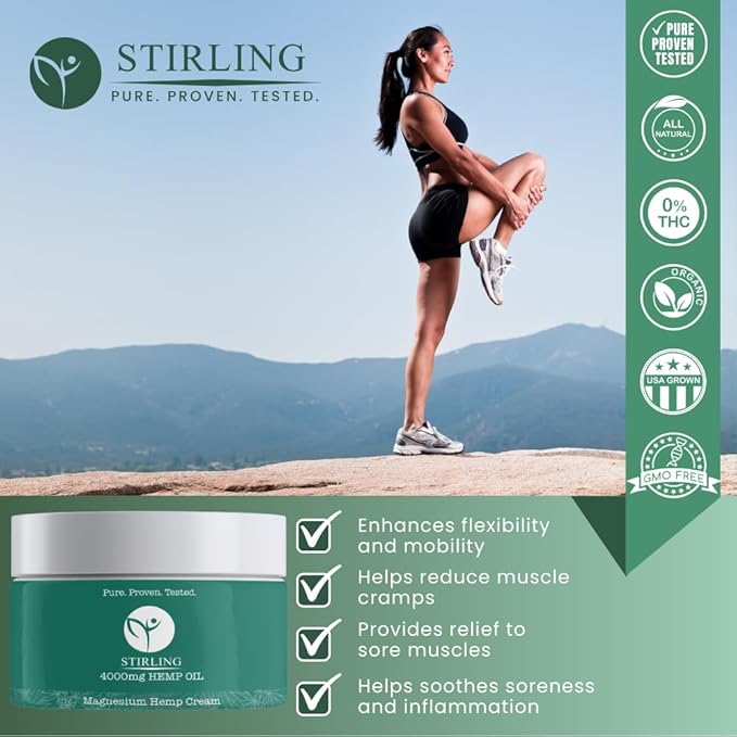 STIRLING Magnesium Cream - 4000mg Hemp Oil + Magnesium & Arnica - Promotes Relief for Joint and Muscle Discomfort, Back Support, and More - Made in USA with Premium Ingredients