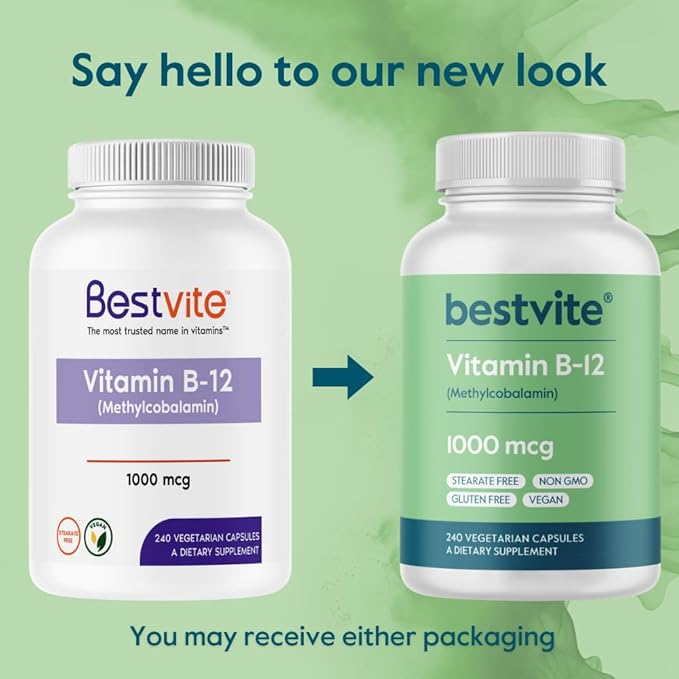 BESTVITE Vitamin B12 (Methylcobalamin) 1000mcg (240 Vegetarian Capsules) (Methyl B12) - No Stearates - Vegan - Non GMO - Gluten Free