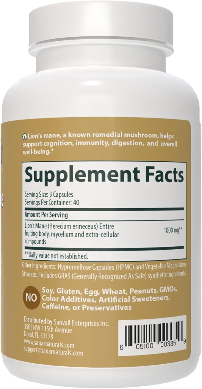 Sanar Naturals Lions Mane Supplement Capsules - Focus, Memory and Brain Function Support - Mushroom Lions Mane Powder Supplement Nootropic - Non-GMO, Gluten-Free, 120 Pills