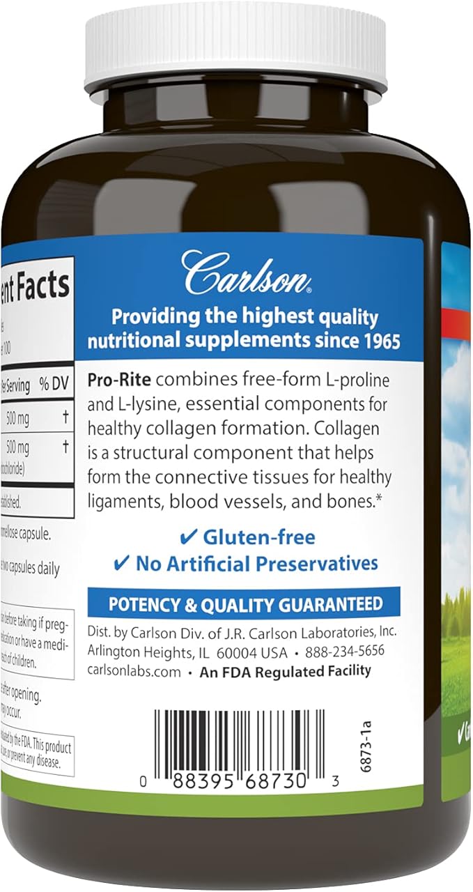 Carlson - Pro-Rite, Free-Form L-Proline & L-Lysine, Health, Joint Support & Collagen Formation, 200 Capsules