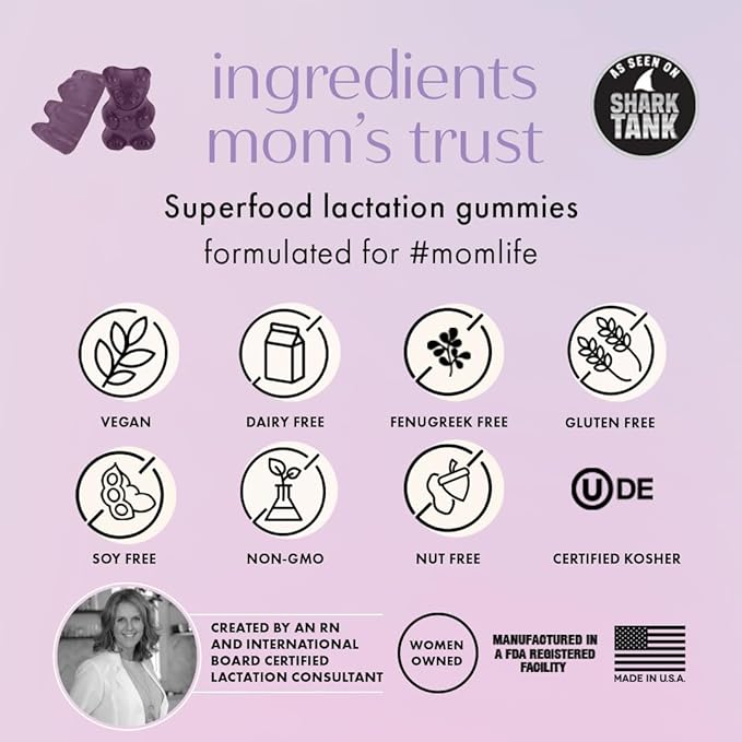 Boobie Bears Lactation Support Gummies | Helps As Milk Supply Booster & Supports Immune Health & Hair Growth | Breastfeeding Supplements with Zinc & Elderberry for Milk Supply Increase, 60 Count