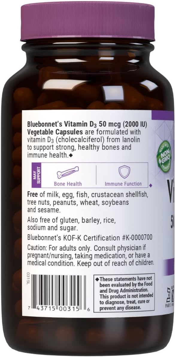 Bluebonnet Nutrition Vitamin D3 2000 IU Vegetable Capsule, Aid in Muscle and Skeletal Growth, Cholecalciferol from Lanolin, D3, Non GMO, Gluten Free, Soy Free, Milk Free, Kosher, 180 Vegetable Capsule