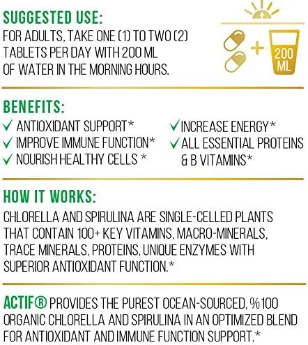 ACTIF 100% Ocean Cleaned Organic Chlorella and Spirulina, Non-GMO, Best Detox and Vegan Diet Supplement, Made in USA - 120 Tablets