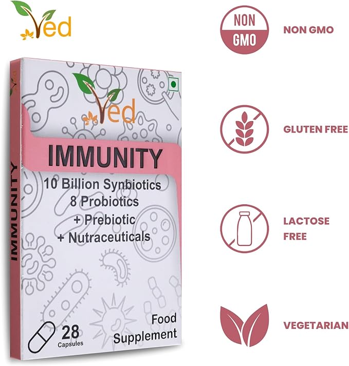 Ved Immunity Complex Probiotics and Prebiotics Complex - 10 Billion CFU - 20 Live Bacterial Cultures - 28 Probiotic Complex- Lactobacillus Plantarum, Casei.