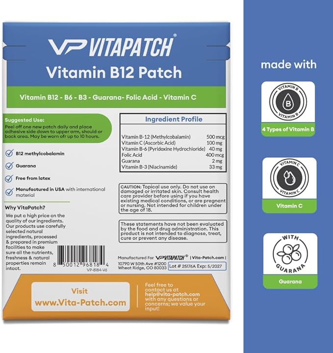 Vitamin B12 Patch for Energy Plus – 30 Count Vitamin B12 Patches – B12 Vitamins with Methylcobalamin & Guarana