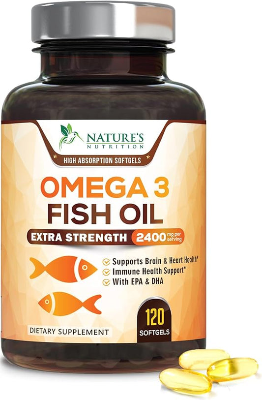 Triple Strength Omega 3 Fish Oil - 2400 mg Natural Omega-3 Supplements Support Brain, Heart & Joint Health with EPA & DHA Essential Fatty Acids - Lemon Flavor, Burpless, Wild Caught - 120 Softgels