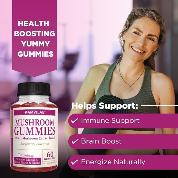 Mushroom Gummies,Raspberry Flavored, 60 Gummies 1 Month Supply