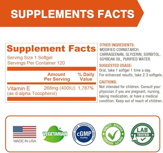 Lovita Vitamin E 400 IU Vegan Softgels, Natural Vitamin E 268 mg (as D Alpha Tocopherol), for Healthy Skin, Hair, Nails, Antioxidant &Immune Support, 120 Vegan Softgels (Pack of 3)