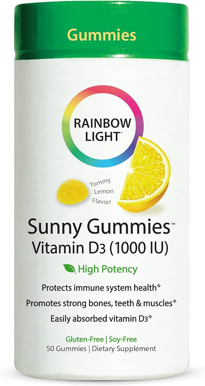 Rainbow Light - Sunny Gummies Vitamin D3 1000 IU, Support for Healthy Bones, Muscles, and Immunity in a Family-Friendly Chewable with Vitamin D3, Soy-Free, Gluten-Free, Sour Lemon, 50 Gummy Drops