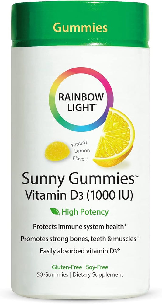 Rainbow Light - Sunny Gummies Vitamin D3 1000 IU, Support for Healthy Bones, Muscles, and Immunity in a Family-Friendly Chewable with Vitamin D3, Soy-Free, Gluten-Free, Sour Lemon, 50 Gummy Drops