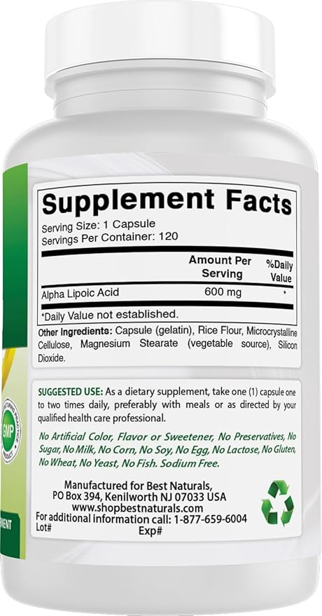 Best Naturals Alpha Liopic Acid 600 mg 120 Count - ALA Alpha Lipoic Acid Powerful Antioxidant