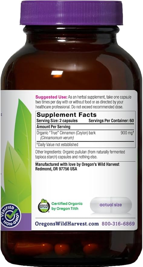 Oregon's Wild Harvest Organic True Cinnamon Ceylon 120 Count Vegan Capsules