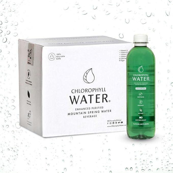 Chlorophyll Water Purified Mountain Spring Water w/Liquid Chlorophyll & Vitamins A, B12, C, D | Plant Based | Antioxidants, Detox Water, Energy Boost, Immune Support 12pk