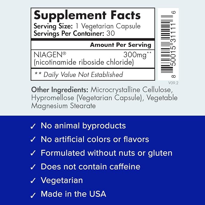 TRU NIAGEN Patented NAD+ Supplement for Anti Aging and Cell Regeneration, 300 mg Niagen, 30 Servings | Supports Cellular Energy, Brain, Muscle | Nicotinamide Riboside (NR) Take 1 Daily | 1 Bottle