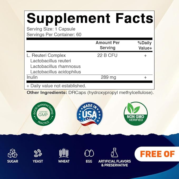 Vitamatic Lactobacillus Reuteri Complex – 22 Billion CFU per Delayed Release Capsule – 60 Capsules – Digestive & Gut Health Support – with Prebiotic Inulin Fiber