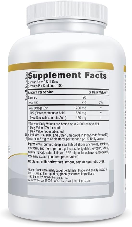 Nordic Naturals ProOmega, Lemon Flavor - 210 Soft Gels - 1000 mg Omega-3 - High-Potency Fish Oil with EPA & DHA - Promotes Brain, Eye, Heart, & Immune Health - Non-GMO - 105 Servings