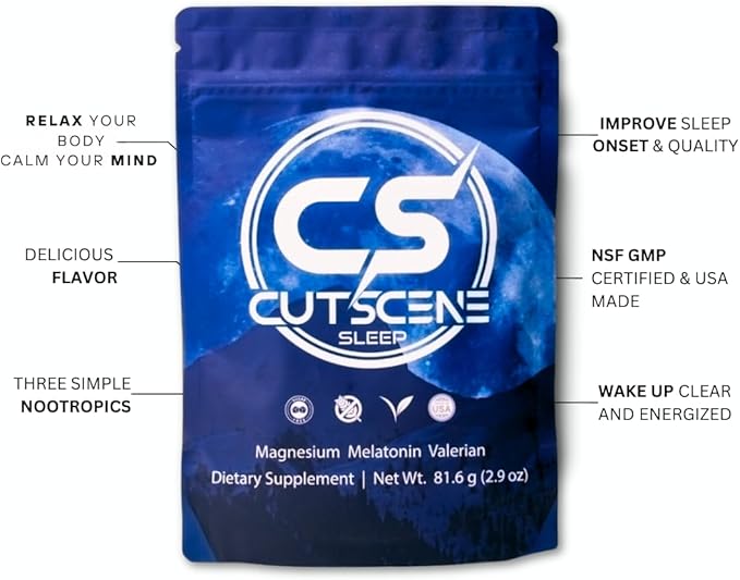 CutScene Sleep Supplement (34 Scoops): Sleep & Recovery Mix with melatonin, Valerian Root, Magnesium. Gluten-Free, Vegan, Sugar-Free. Lemonade Iced Tea Flavor.