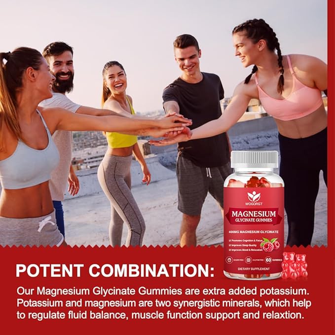 400mg Magnesium Glycinate Gummies with 200mg Magnesium Malate, Vitamin D, B6, and CoQ10, Magnesium Glycinate Supplement for Relaxation and Cognition, Sugar Free, Raspberry Flavor - 60 Gummies