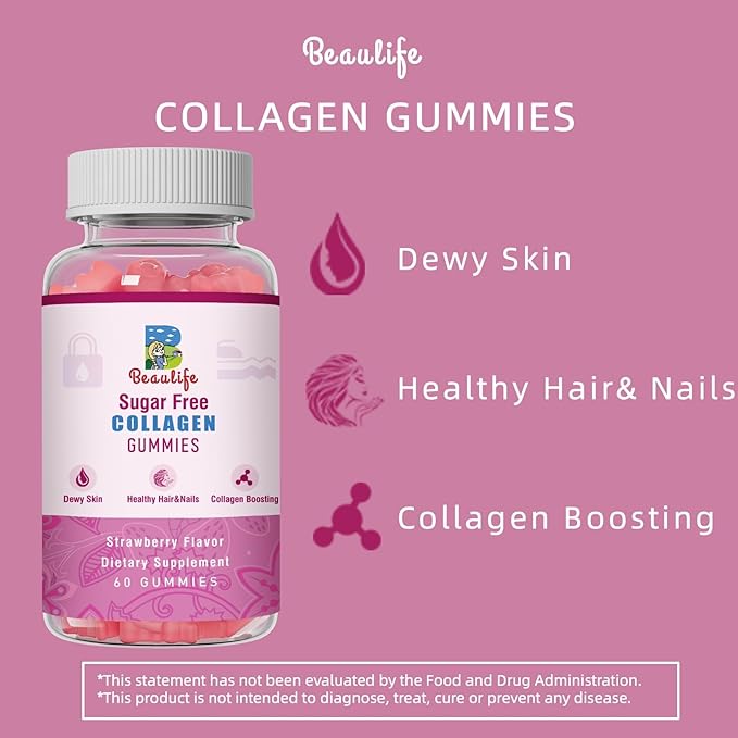 Collagen Gummies, with Biotin,Bamboo, Hydrolyzed Collagen Peptides Supplement, for Healthy Skin Support, 60 Gummies,Strawberry Flavor