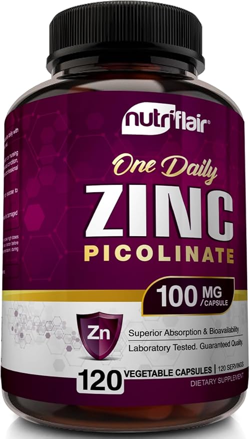 NutriFlair Zinc Picolinate 100mg, 120 Capsules - Vegan, Non-GMO, Made in USA, Third-Party Lab Tested