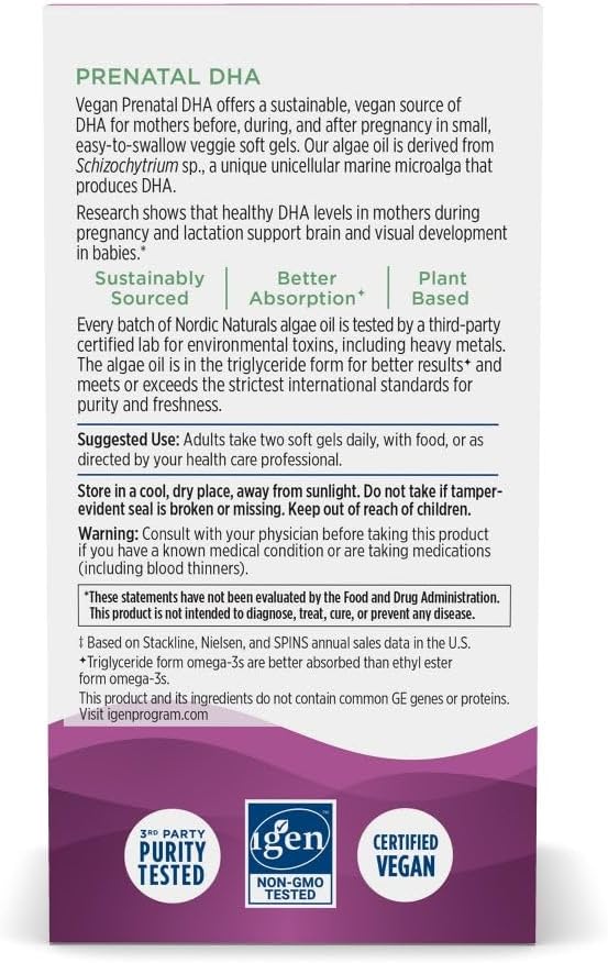 Nordic Naturals Vegan Prenatal DHA, Unflavored - 60 Soft Gels - 500 mg Plant-Based DHA - Supports Brain Development in Babies & Healthy Pregnancy - Non-GMO - 30 Servings