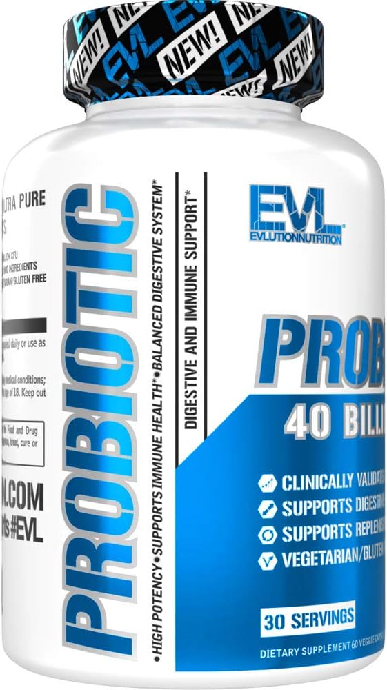 Evlution Nutrition Probiotic - 40 Billion CFU - Supports Digestive + Immune Health - Probiotic Supplement for Men & Women - Vegetarian, Gluten Free & Non-GMO - 30 Servings - 60 Veggie Capsules