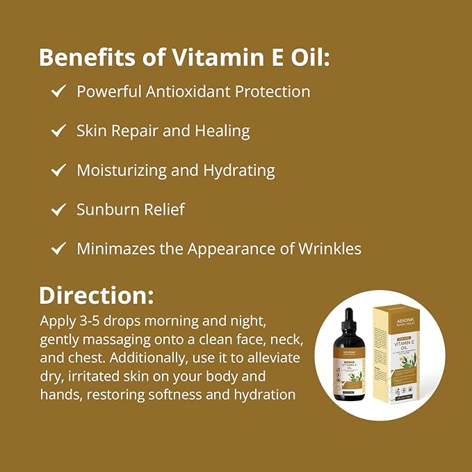 Organic Vitamin E Oil - Essential Pure Vitamin E Oil For Body Care and Skin Care - 4-Oz Bottle for Dry Skin, Wrinkles, Stretch Marks, Acne & Anti-Aging