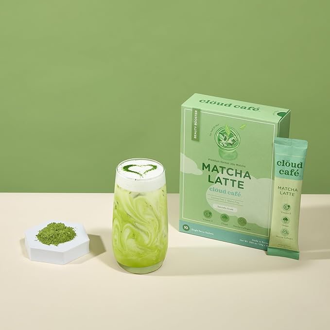 Clöud Café Collagen Infused Matcha Latte Instant Tea Powder - Vitamin E, Chaga Mushrooms Powder, & Marine Collagen Instant Tea (10 Sachets)