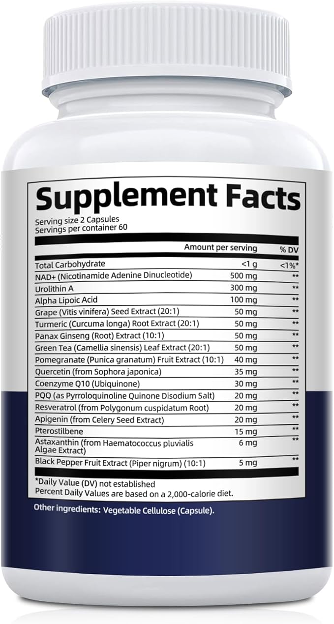 NAD Supplement for Women Men with Urolithin A, Resveratrol, PQQ, Alpha Lipoic Acid, Quercetin | NAD+ Supplement for Anti Aging, Energy, Antioxidant, Metabolism Support, 120 Capsules