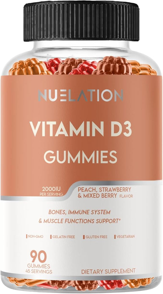 Vitamin D Gummies for Adults (Vitamin D3 2000 IU). Gelatin-Free, Gluten-Free & Non-GMO Vitamin D Gummy. Supports Bones, Muscles, and Immune System. 45 Day Supply. D3 Gummies for Adults
