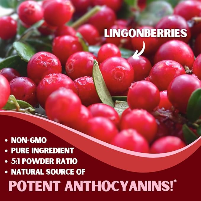 Lingonberry Powder 7500mg for Urinary Tract, Blood Circulation, Gut Health, Eye Health, Antioxidant Support - Pure 5:1 Ratio & 180 Veggie Capsules - Non-GMO, Gluten-Free, Vegan-Friendly Supplement