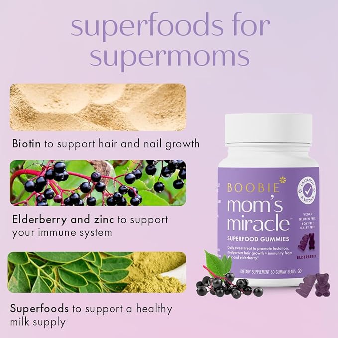 Boobie Bears Lactation Support Gummies | Helps As Milk Supply Booster & Supports Immune Health & Hair Growth | Breastfeeding Supplements with Zinc & Elderberry for Milk Supply Increase, 120 Count