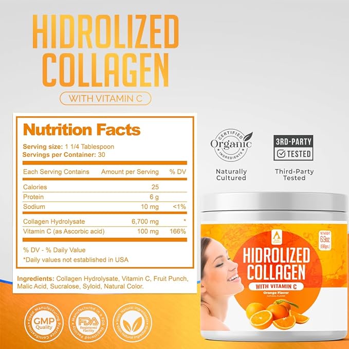 AV Orange Hydrolyzed Grass Fed Collagen with Vitamin C | Powder Supplement | Non-GMO Verified – 198gr